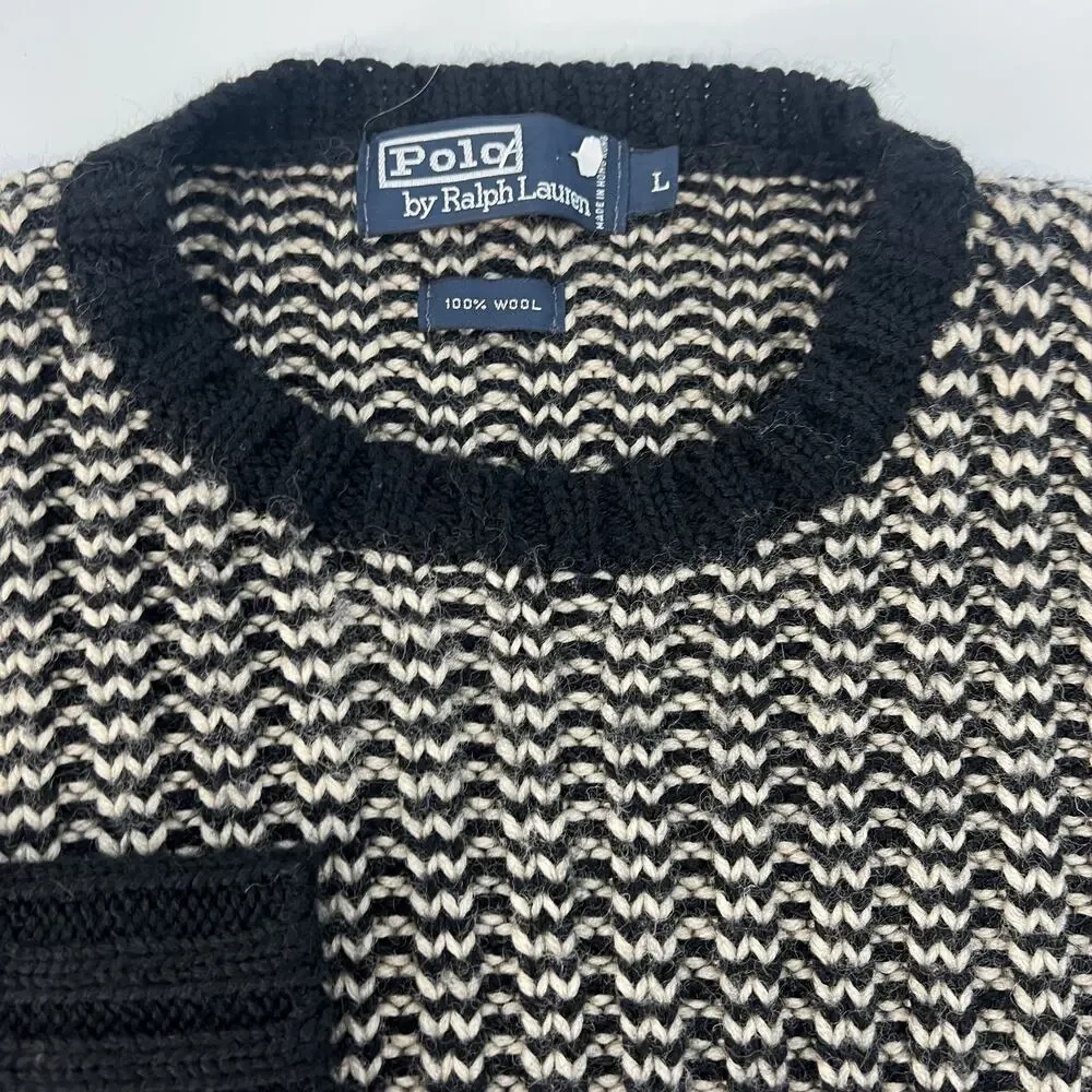 Vintage Polo Ralph Lauren Brioche Large Sweater Black White‎ Wool Knit Crewneck